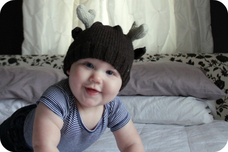 Littlest Reindeer Knit Baby Hat with Antlers