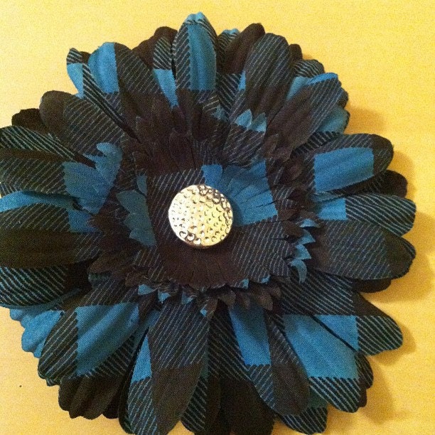 Blue and Black Plaid Fabric Flower Hair Clip