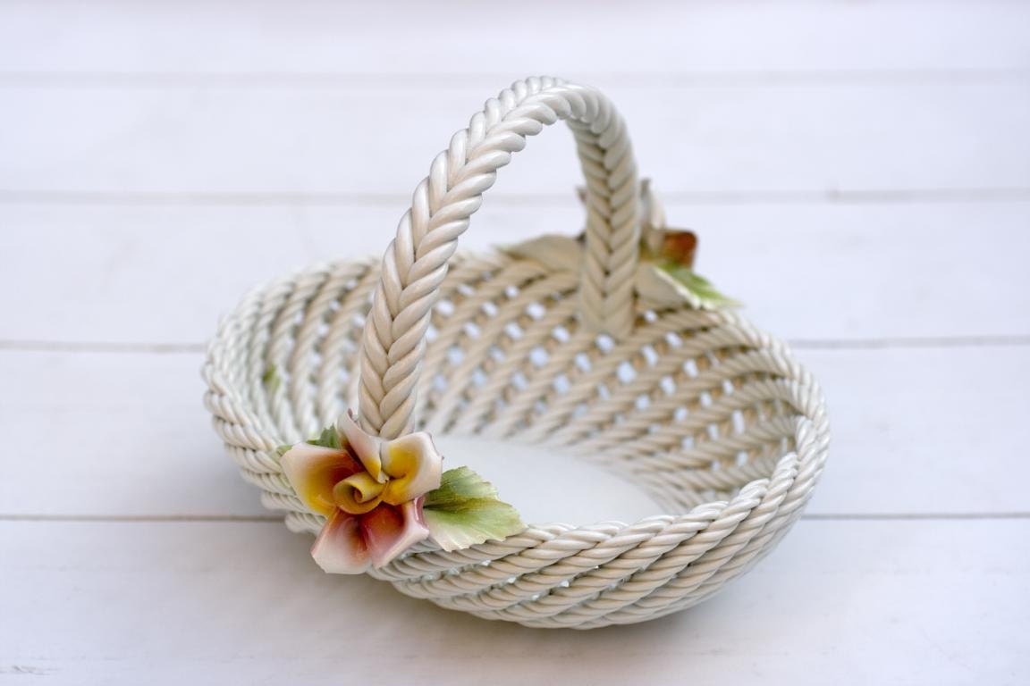 Handmade Vintage White Porcelain Basket with Roses