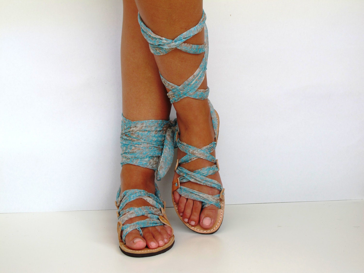 Greek Leather Sandals, handmade, Unique design with silk scarf straps  "APHRODITE" AS12 All sizes Available