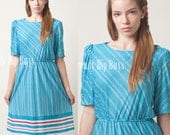 Vintage 80s Blue White Stripe Aline cotton Summer Dress - M/L