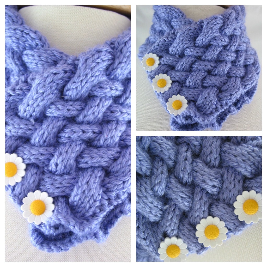 Girls Basket Weave neck warmer Daisy Button Cowl Lavender Blue Scarf