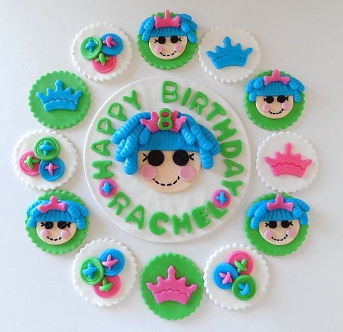 Party Package - Fondant "Lala" Inspired doll/6" customized cake topper and 12 edible cupcake/cookie toppers