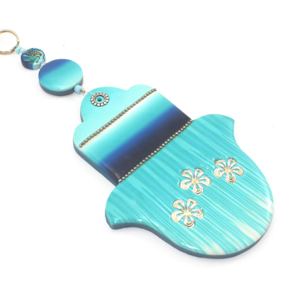 Wall decor Hamsa, Good fortune Hamsa in blue, white and turquoise, Blessing and luck - Polymer clay Hamsa,