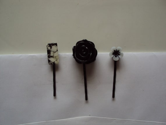 Black Bobby Pins, Flower Bobby Pins, Black Flower Pins, Black and White Bobby Pins