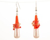 Tangerine earrings, beadwork dangle earrings, orange crochet earring, fimo jewelry, handmade polymer clay earrings, OOAK
