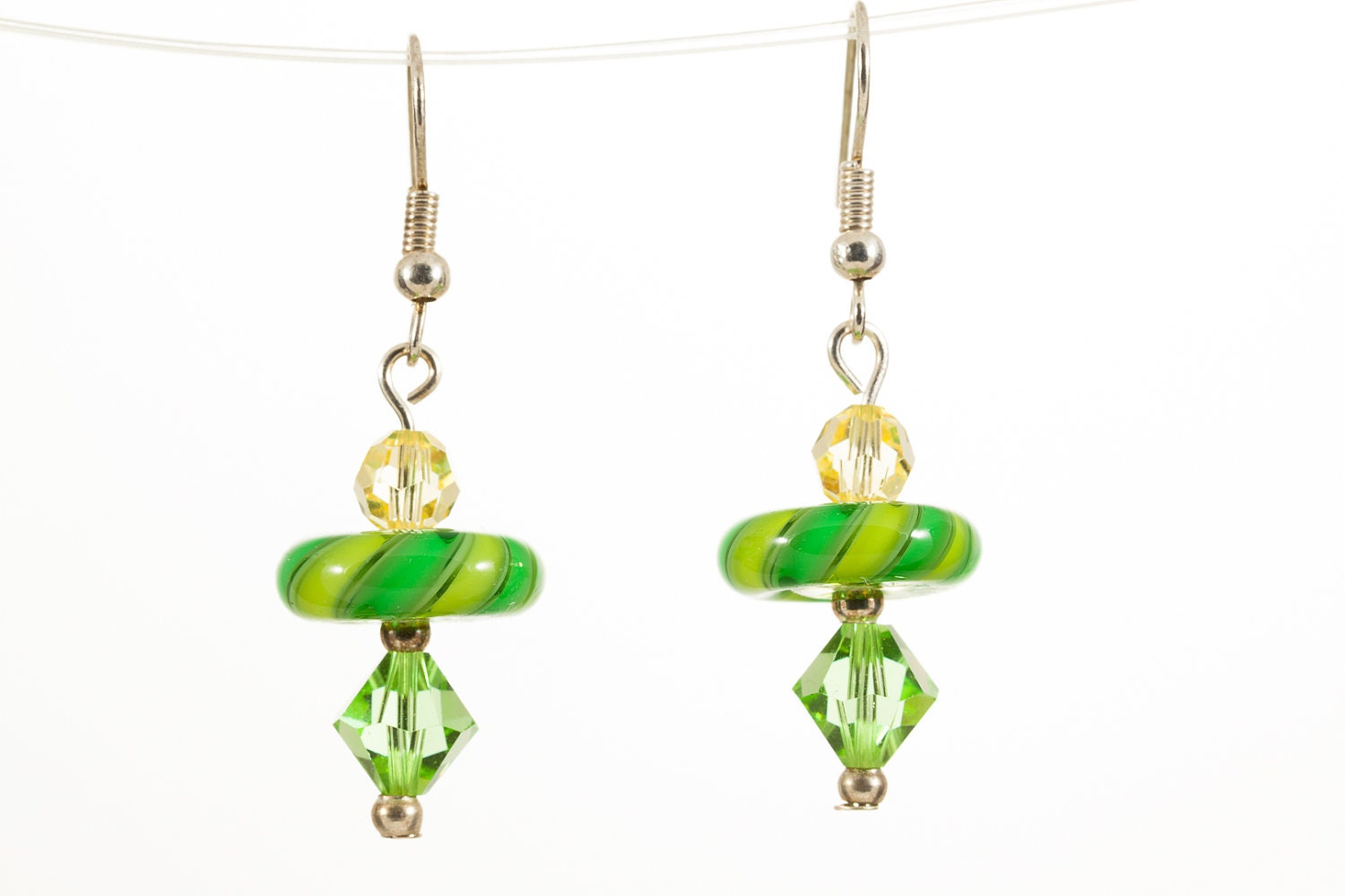 Green Dangle Earrings, Glass Bead Earrings, Beaded Earrings, Lampwork Glass Earrings, Handmade Lampwork Jewelry - OOAK