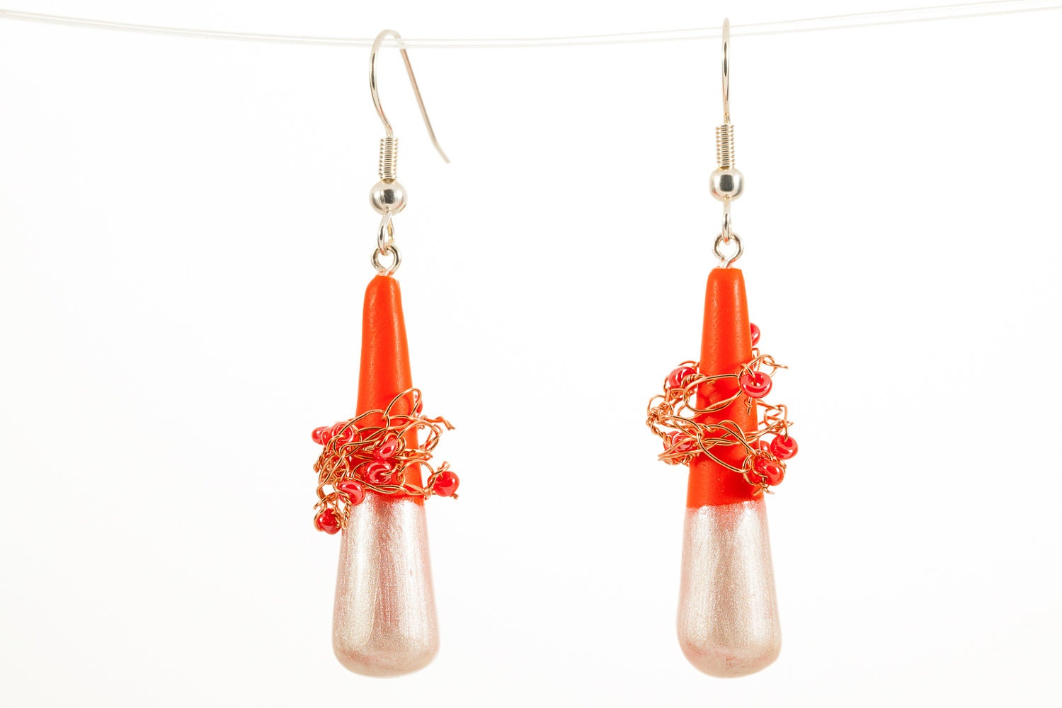 Tangerine earrings, beadwork dangle earrings, orange crochet earring, fimo jewelry, handmade polymer clay earrings, OOAK