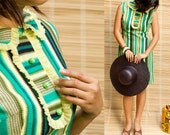 50s lime striped mini peter pan collar secretary dress with yellow ruffle detail - S