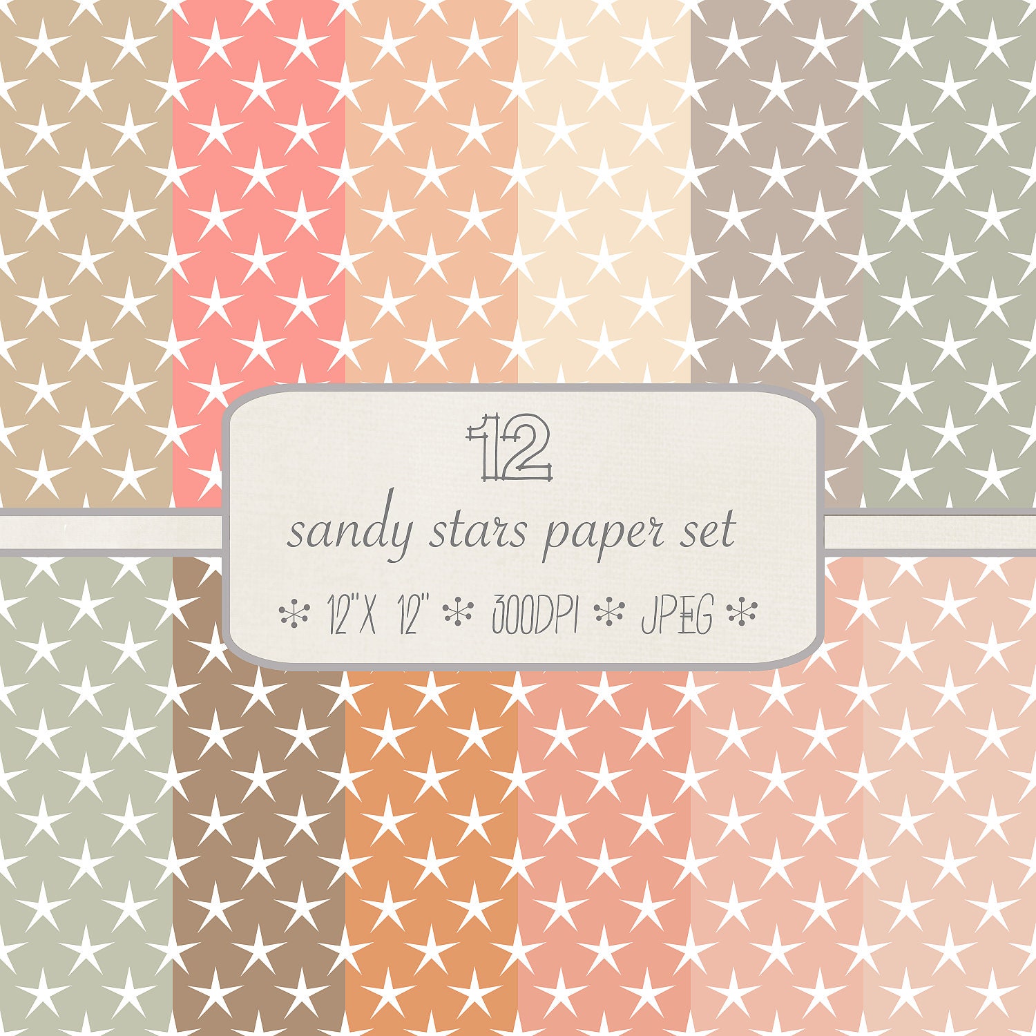 Patterned Digital Paper Pack // Sandy Stars // 12 pieces // jpeg files // 300 DPI // Instant Download Il_570xn