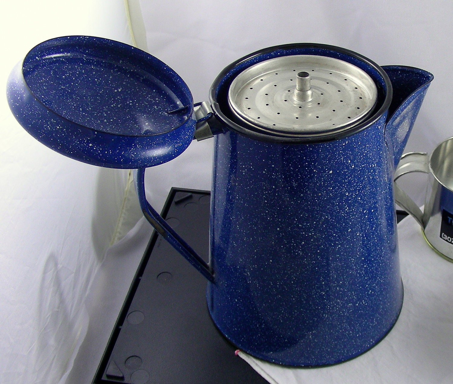 Blue Enamel Coffeepot with Cups - Reserved for Liz