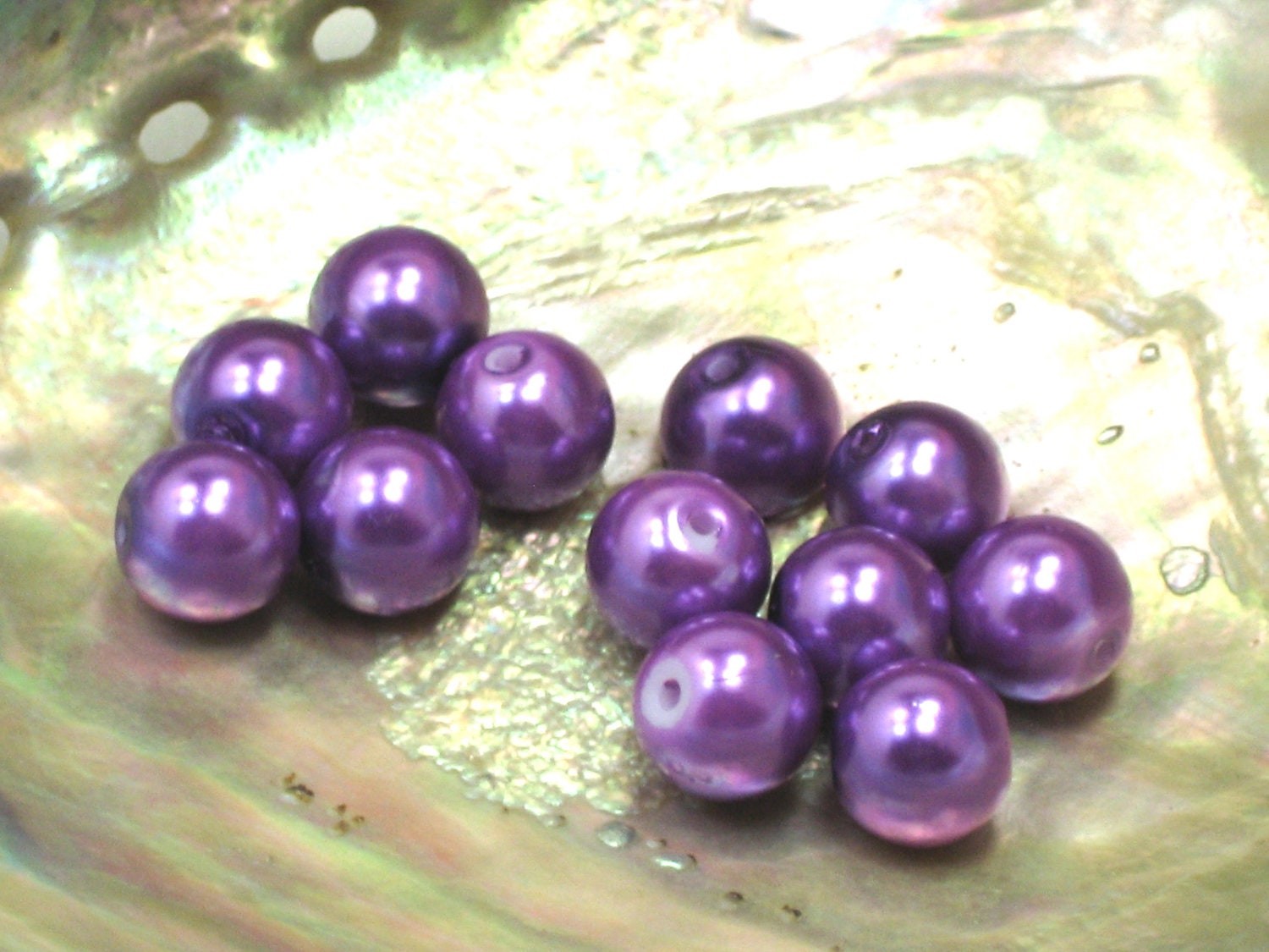 10  Purple Pearl 10mm Glass Beads,  Center Drilled Beads, Round 10mm Purple Pearls Bead, Christmas beads - DragonsTreasureTrove