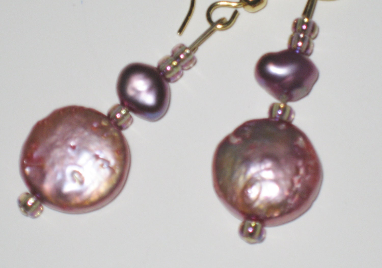 Pink Fresh Water Pearl Earrings. Graduation Gift, Prom. Coin shape pearls in beautiful shades of pink. Handmade Beaded jewelry. J 061503.