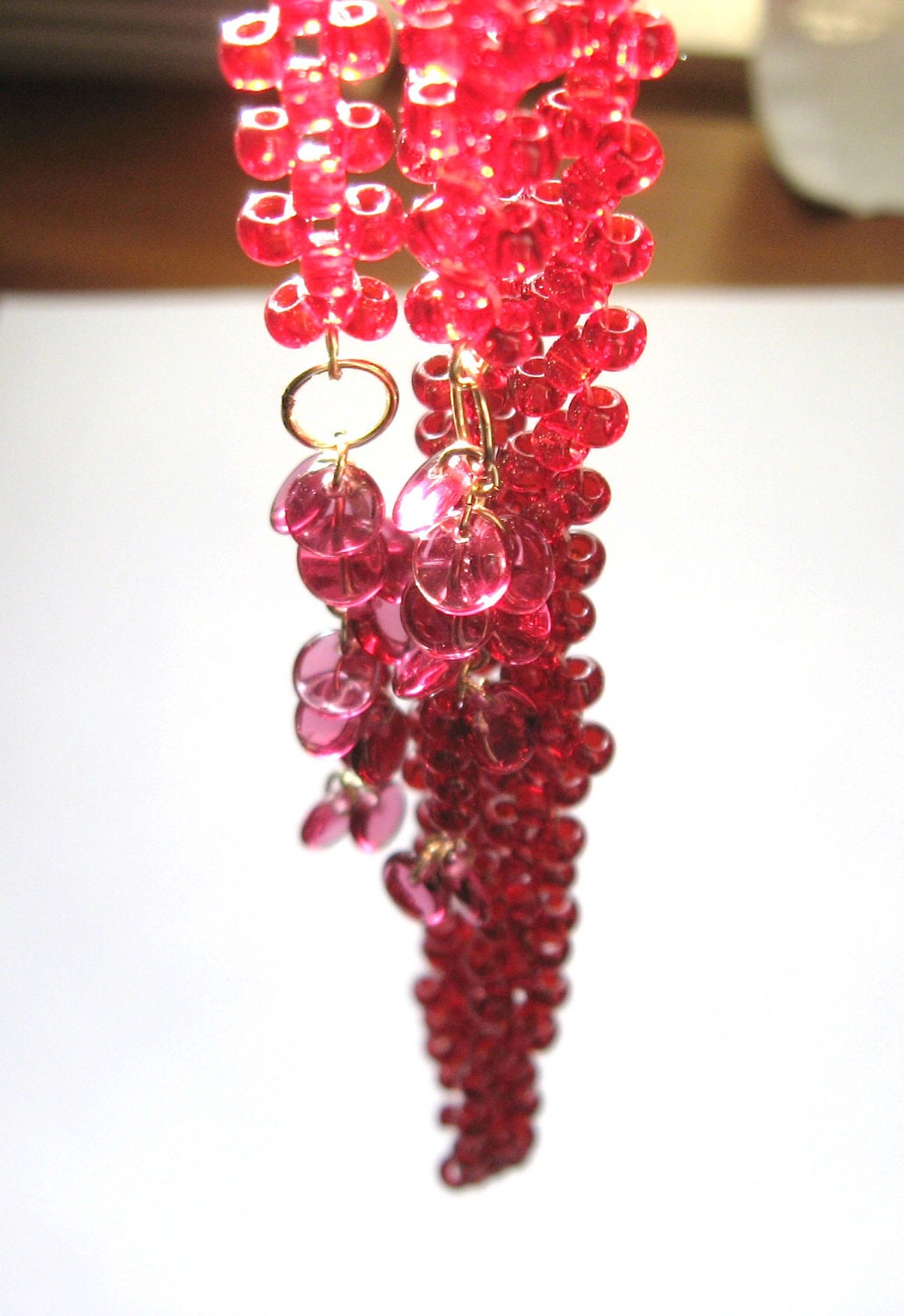Deep Red Garnet Glass Lariat With Gold Wirework - Leeladoo