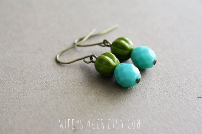 earrings sweet aqua green and olive gold czech glass beads