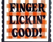 SALE Finger Lickin Good Cast Iron Ceramic Tile Trivet - Pot Holder - 1960s- Humorous Kitchenware - Hipster Kitchen - Funny, Silly, Comical