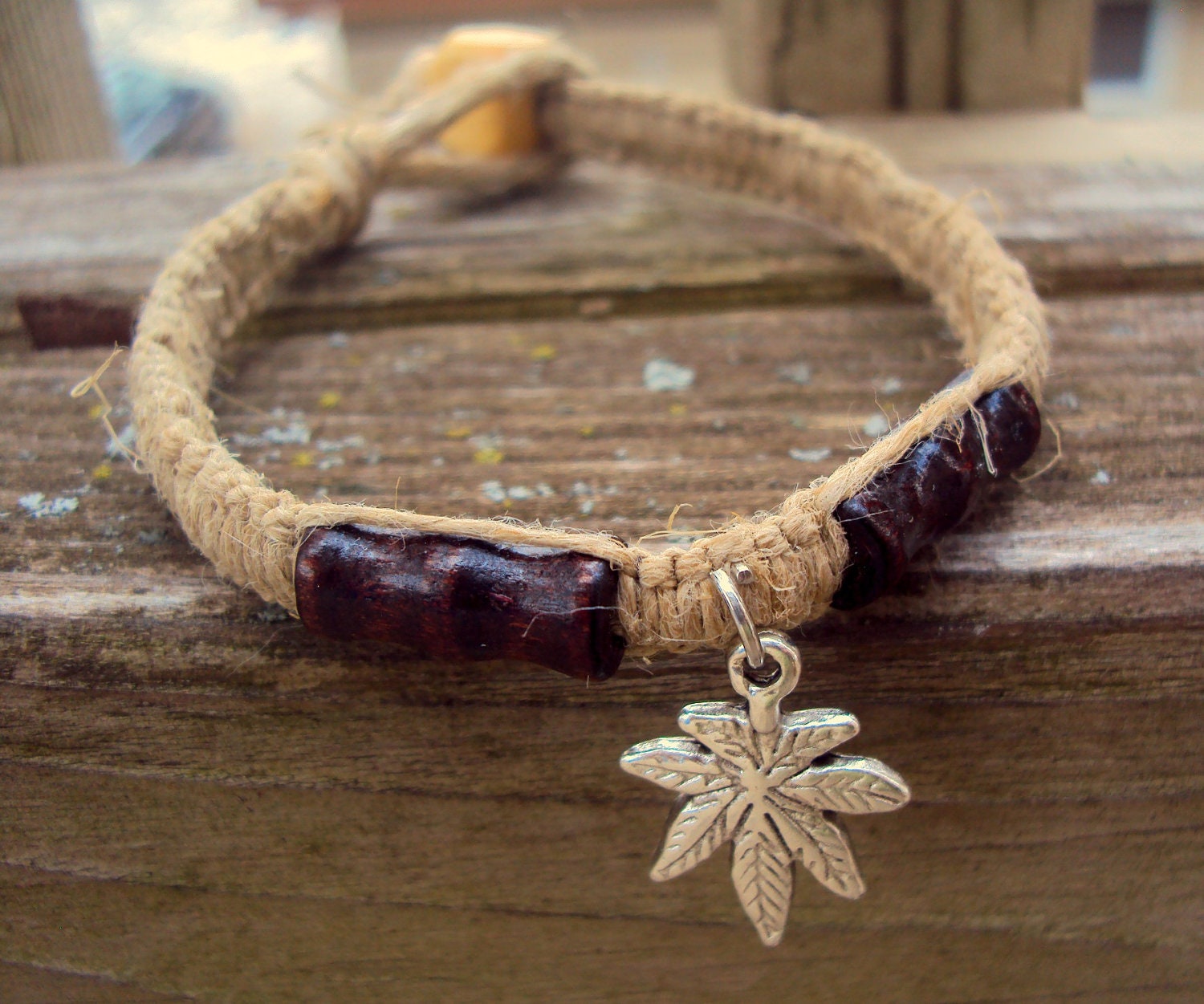 Cannabis Hemp Bracelet Pot Leaf Jewelry Macrame Wooden Beads