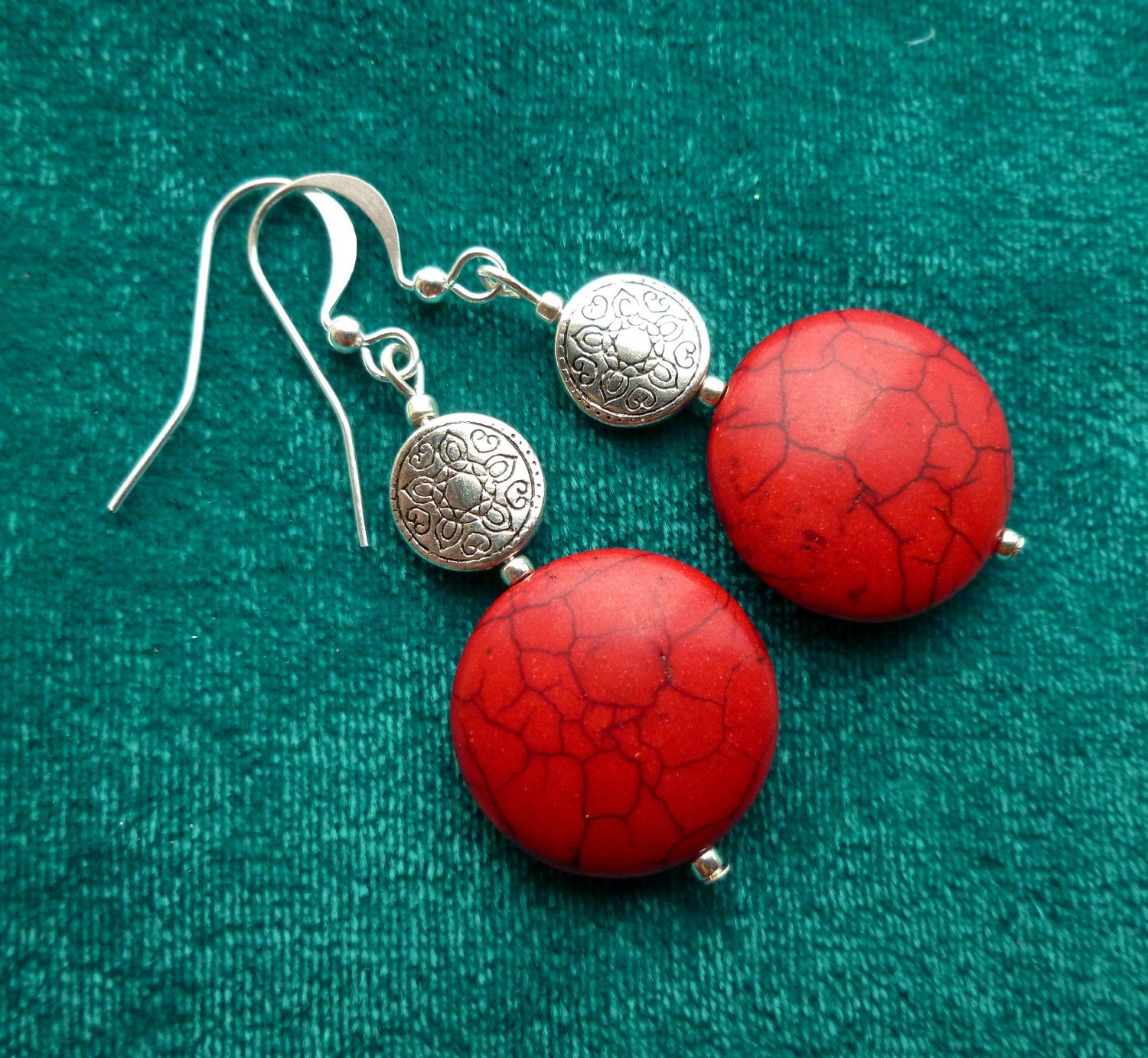 Red Stone Dangle Earrings on Sterling Ear Hooks