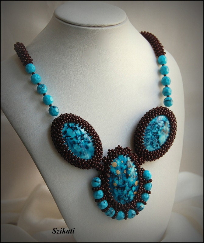 Beaded turquoise brown necklace, fall colors, fall fashion, OOAK
