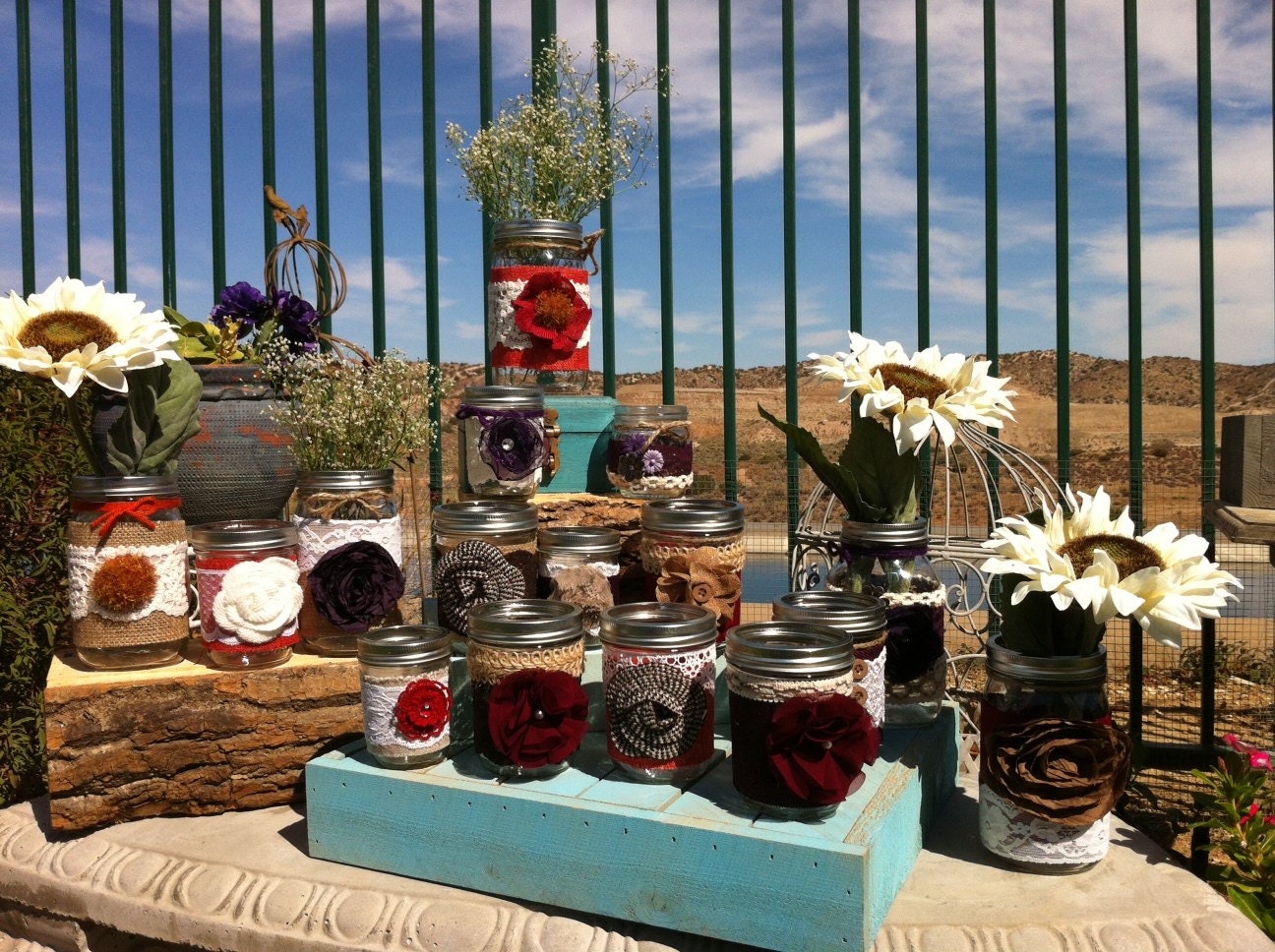 AUTUMN/FALL MASON Jars: 15 Fall Rustic Wedding or Cottage Decor. Rustic Wedding Centerpieces or Head Table decorations Burlap and Lace Jars