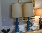 Vintage Pair Table Lamps Hollywood Regency Mid Century Modern Aqua Blue Turquoise Palm Beach Drum Lampshades Shades