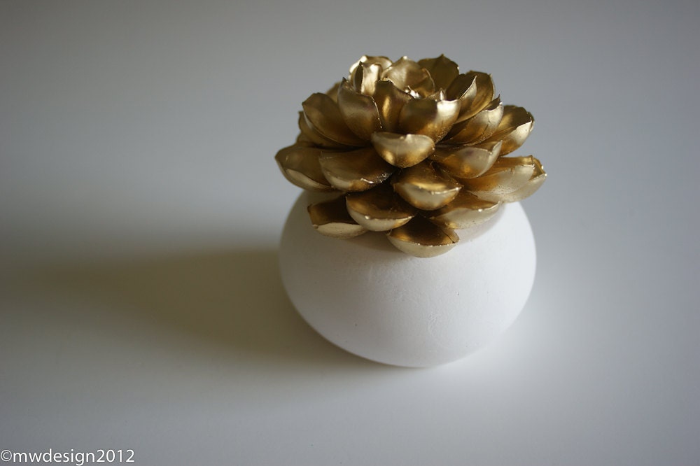 Succulent Sculpture in White Modern Round Container, Desktop Accessory, Tabletop Centerpiece, Weddings
