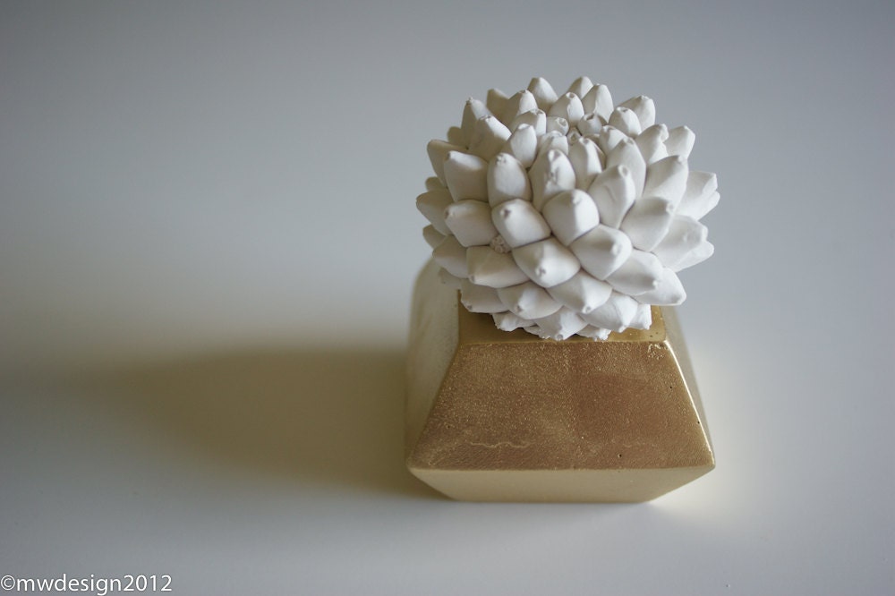 White Cactus Sculpture in Modern Round Container, Tabletop Centerpiece, Desktop Accessory