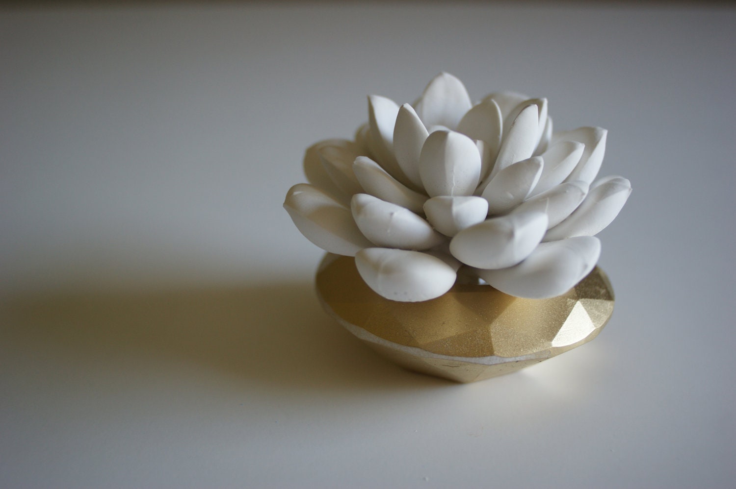 White Succulent Sculpture in Modern Faceted Geometric Container, Spring Easter Tabletop Centerpiece, Desktop Accessory