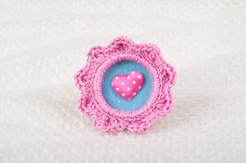 Crochet Brooch - For Fashion Lovers - Pink Crochet, Blue Felt Background, Pink Heart