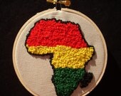 Africa Embroidered Using French-Knots. Hand Embroidery. Red Yellow & Green. Made To Order