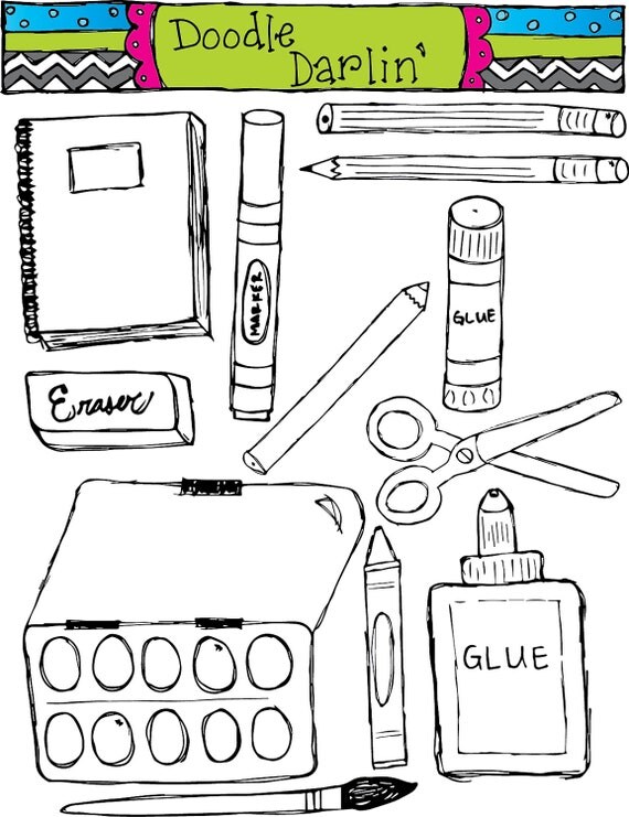 Tools For School Blackline Clipart Set INSTANT by DoodleDarlin