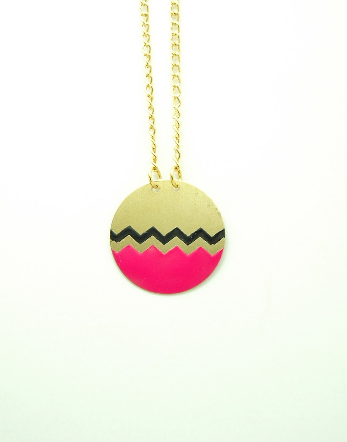 Modern Geometric Circle Coin Necklace - Fuchsia Pink and Black Zig Zag Hand Dyed Raw Brass Jewelry - Gold Plated Chain