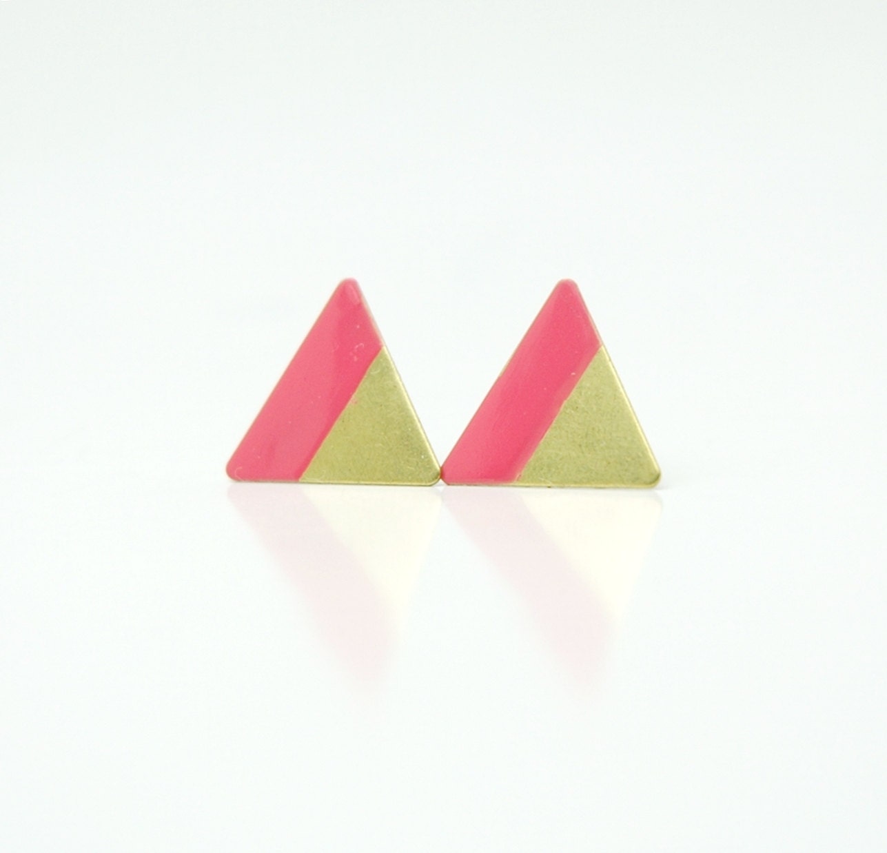 Minimalist Geometric Triangle Stud Earrings - Coral Pink Hand Dyed Modern Brass Jewelry