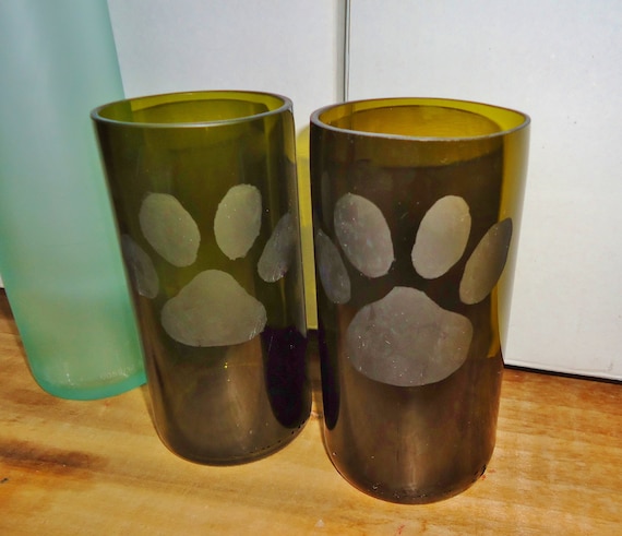 Recycled Wine Bottle Glasses with Hand Etched Paw Prints Set of 2