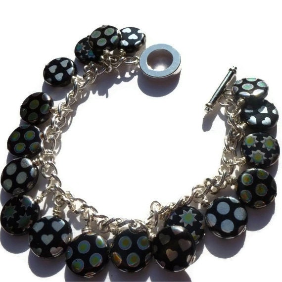 Heart, Star and Dot, Flat Circle Bead, Silver Plated Charm Bracelet.