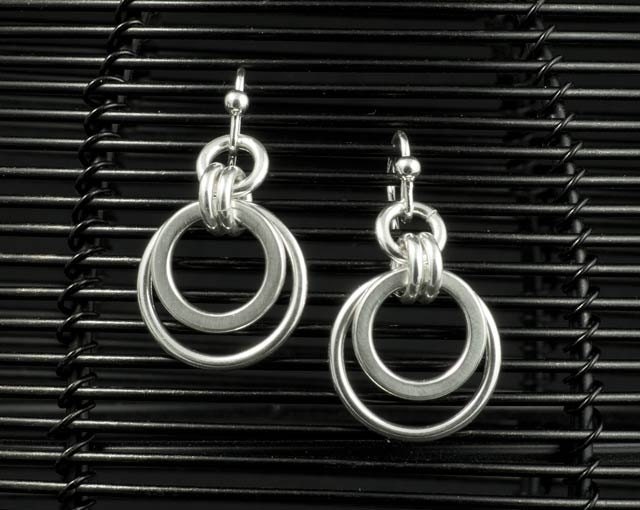 Silver Disc Drop Earrings - Dangle Sterling Silver Earrings - Silver Disc Hook Earrings - Circle Disc Link Earrings - Double Ring Link