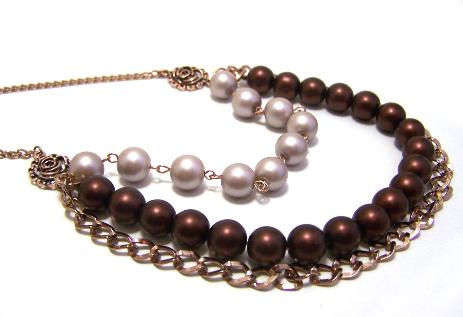 Smoky Almond and Mocha Glass Pearl and Copper Chain Layered Handcrafted Statement Necklace