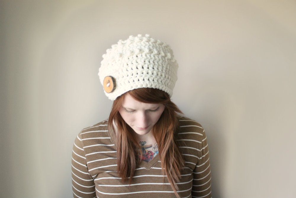 Autumn Hat Chunky Textured Bumpy Pebble Slouch Hat  with Wooden Button Tab - Vanilla Cream ( Made To Order ) - FallCode