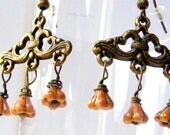 Vintage chandelier earring, autumn wedding trends, honey gold  flower and antique brass
