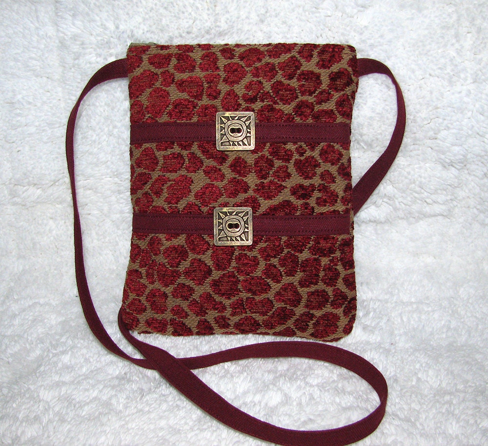 Small Purse Garnet Leopard Print Home Decor Fabric and Twill Long Strap - ChickaTweeBagsEtc Small Purse Garnet Leopard Print Home Decor Fabric and Twill Long Strap - ChickaTweeBagsEtc