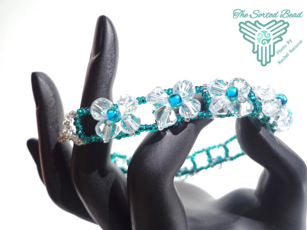 Beaded Bracelet, Right Angle Weave Variant, Clear Crystal and Teal Beads, Toggle Clasp