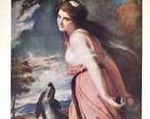 Vintage Painting Art Print / Female Portrait / Artist George Romney / Lady Hamilton With a Goat / Woman in Pink Dress with Dog / Home Decor
