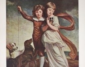 Vintage Painting Art Print / Children Portraits / Artist George Romney / Siblings with Puppies / Brother and Sister with Dogs