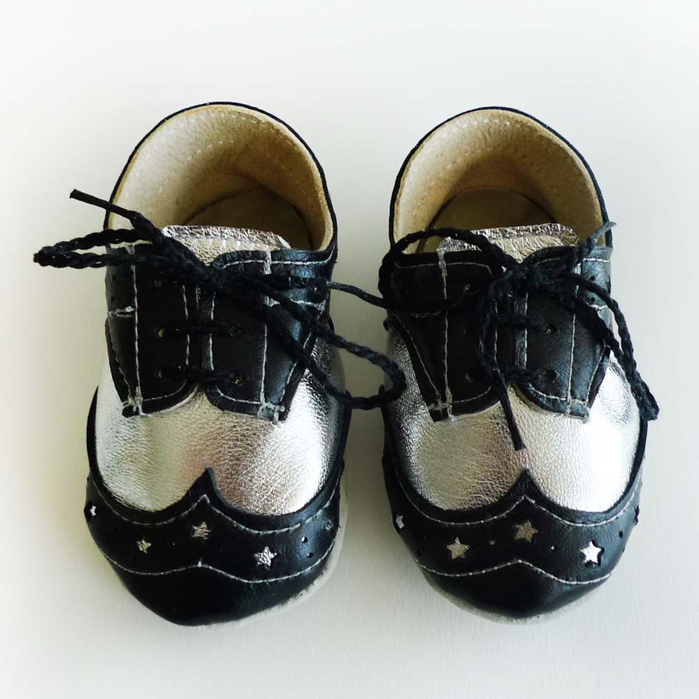 Baby Boy Shoes Black and Silver Leather Crib Dress shoes