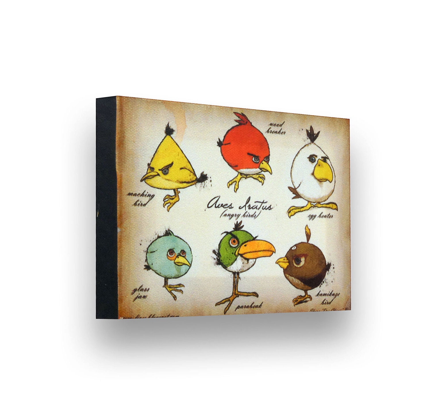 Unique Nostalgic ANGRY BIRDS on 7" x 5" Cotton Canvas, Hand Stretched on Wooden Frame - RARE