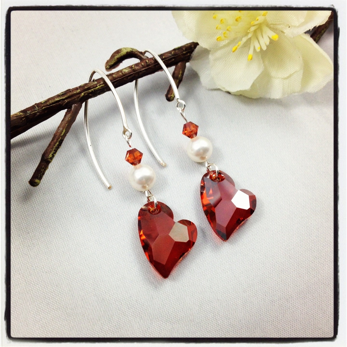 Red Magma Swarovski Crystal Heart Earrings, Sterling Silver-Filled, Dangle, White Pearl, Bridal/Wedding Jewellery