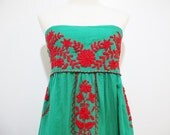 Embroidered Mexican Sundress Cotton Strapless in Green