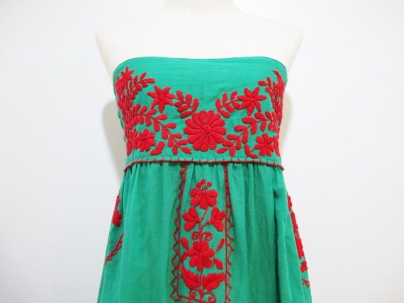 Embroidered Mexican Sundress Cotton Strapless in Green with Lining