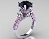Exclusive 14K White Gold 3.0 Carat Black Diamond Light Pink Sapphire Diamond Solitaire Blazer Ring R401-14KWGLPSD