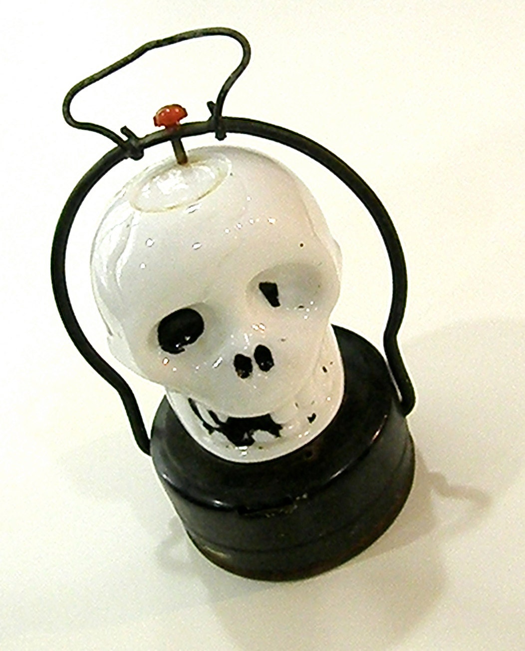 1920's Milk Glass and Metal Skull Halloween Lantern
